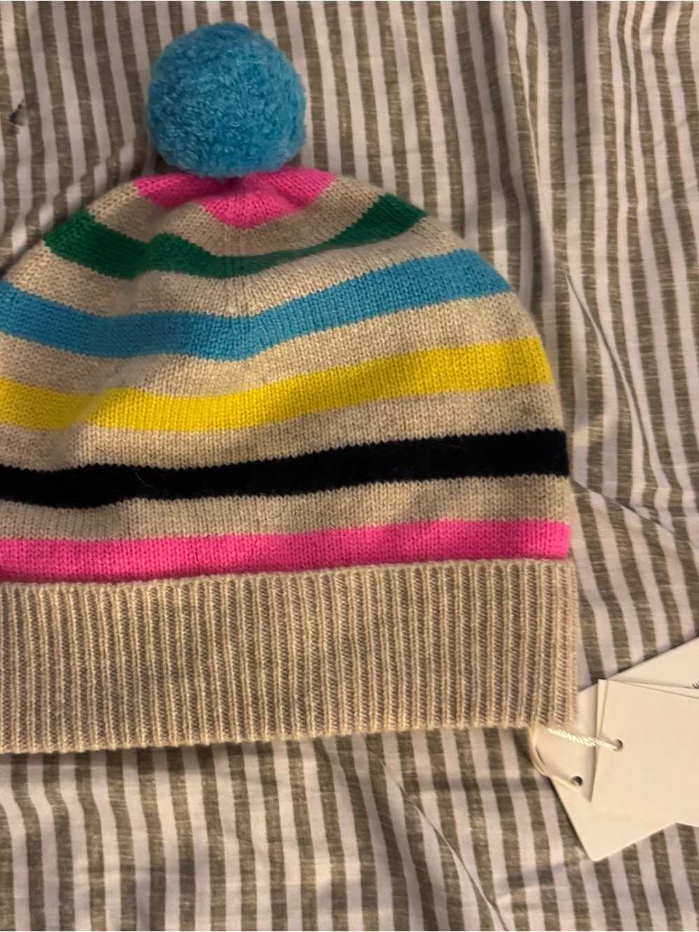Boden Multicolor Stripe Pom-Pom Beanie - Cream, Pink, Blue, Yellow, Black, Green